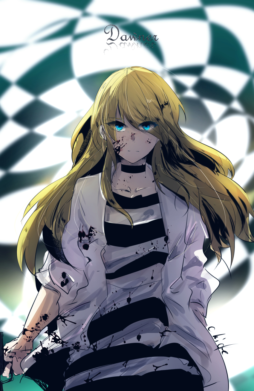 1girl, absurdres, blonde_hair, blood, blood_on_clothes, blood_on_face, blue_eyes, blurry, blurry_background, closed_mouth, female_focus, floating_hair, hair_between_eyes, hand_in_pocket, highres, holding, jacket, long_hair, long_sleeves, looking_at_viewer, minasenatuya, open_clothes, open_jacket, rachel_gardner, satsuriku_no_tenshi, shirt, sketch, solo, standing, striped_clothes, striped_shirt, white_jacket