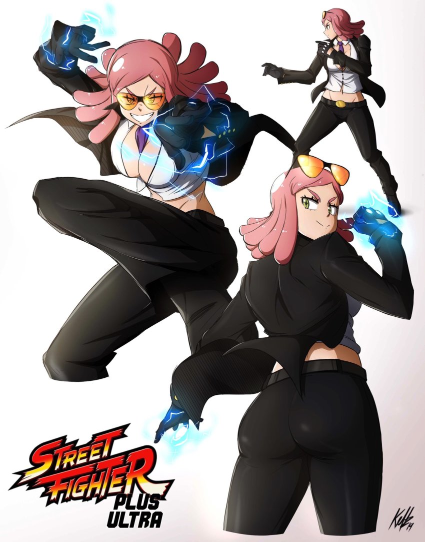 1girl, ass, between_breasts, boku_no_hero_academia, breasts, cleavage, cosplay, crimson_viper, crimson_viper_(cosplay), crosshair_pupils, electricity, eyewear_on_head, formal_clothes, gloves, grin, hatsume_mei, highres, kellzallday30, multiple_views, necktie, necktie_between_breasts, pink_hair, purple_neckwear, shirt, signature, simple_background, smile, street_fighter, suit, white_background, white_shirt