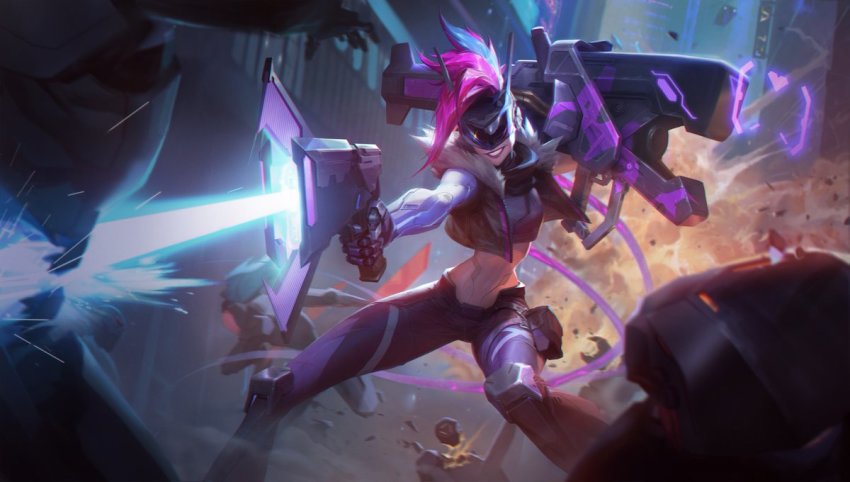 1girl, female_focus, grin, gun, jinx_(league_of_legends), league_of_legends, lipstick, long_hair, makeup, official_art, pink_hair, project:_jinx, smile, solo, twintails, very_long_hair, weapon, weapons