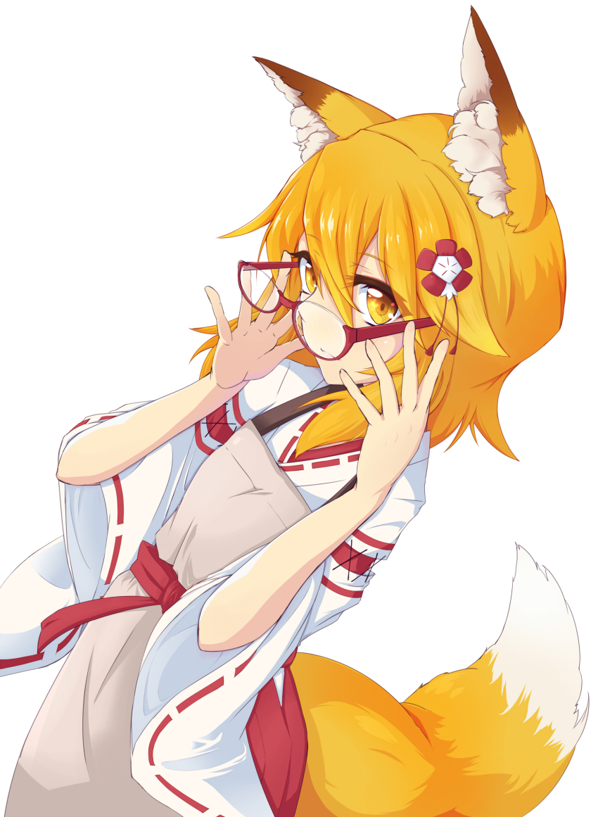 1girl, animal_ear_fluff, animal_ears, apron, blonde_hair, female_focus, flower, fox_ears, fox_girl, fox_tail, glasses, hair_between_eyes, hair_flower, hair_ornament, highres, japanese_clothes, long_sleeves, looking_at_viewer, md5_mismatch, miko, red-framed_eyewear, resolution_mismatch, ribbon-trimmed_sleeves, ribbon_trim, sash, semi-rimless_eyewear, senko_(sewayaki_kitsune_no_senko-san), sewayaki_kitsune_no_senko-san, simple_background, solo, source_smaller, suu2510, tail, under-rim_eyewear, white_background, wide_sleeves, yellow_eyes