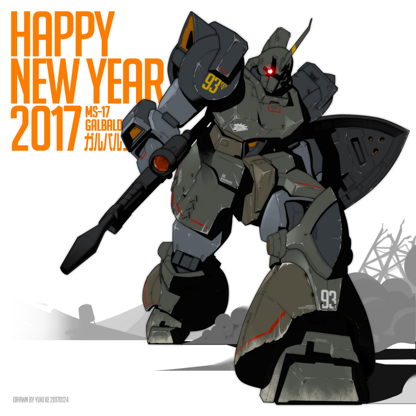 2017, artist_name, beam_rifle, energy_gun, energy_weapon, galbaldy_alpha, glowing, glowing_eye, gundam, gundam_msv, happy_new_year, highres, ke_yukikaze, mecha, new_year, no_humans, robot, shield, weapon, zeon