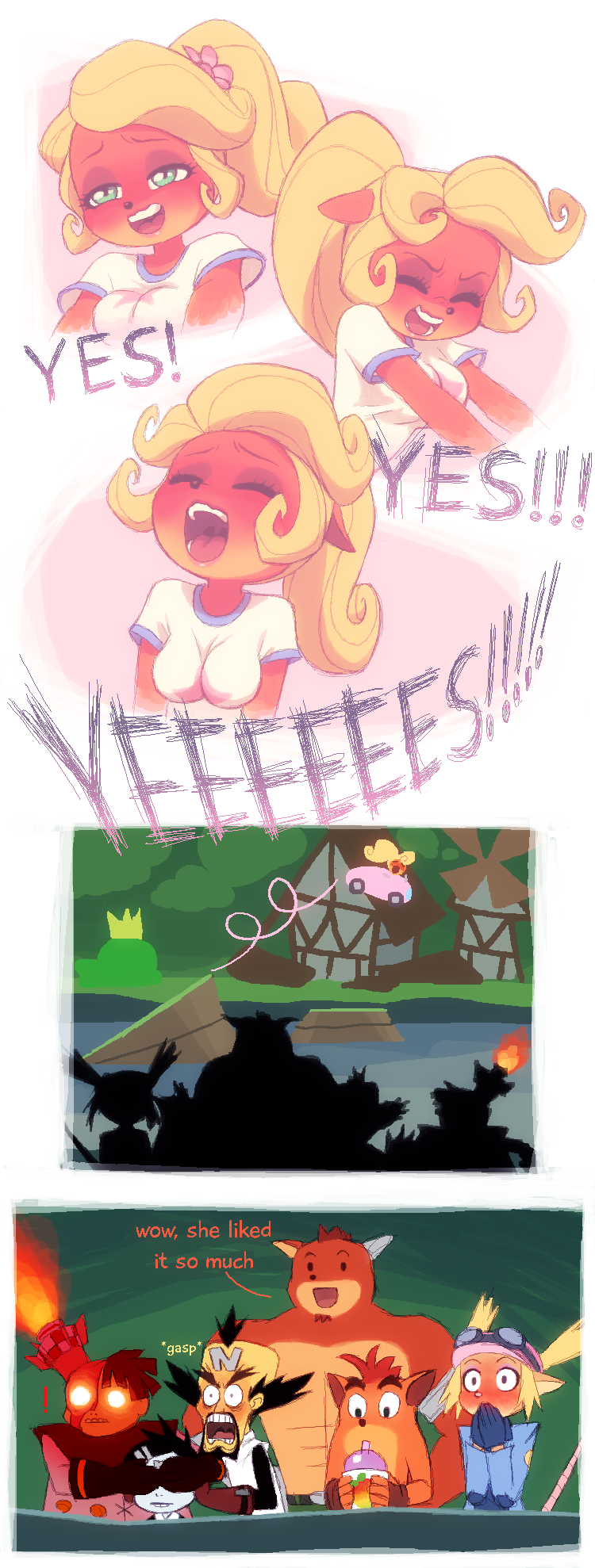 3girls, 4boys, blonde_hair, blush, breasts, car, closed_eyes, coco_bandicoot