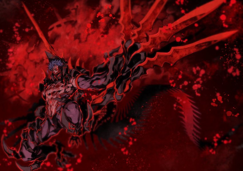 1boy, blood, blood_splatter, blue_hair, chest_tattoo, claws, cu_chulainn_(fate), cu_chulainn_alter_(curruid_coinchenn)_(fate)