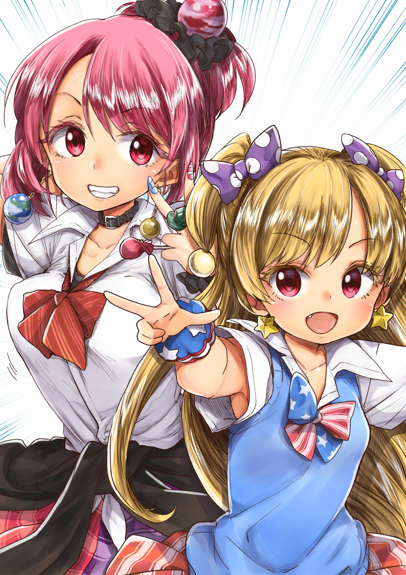 2girls, adapted_costume, alternate_costume, american_flag, american_flag_print, between_fingers, blonde_hair, blue_nails