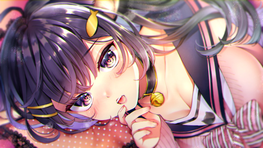 1girl, animal_ears, bell, black_choker, blush, bow, bowtie, breasts