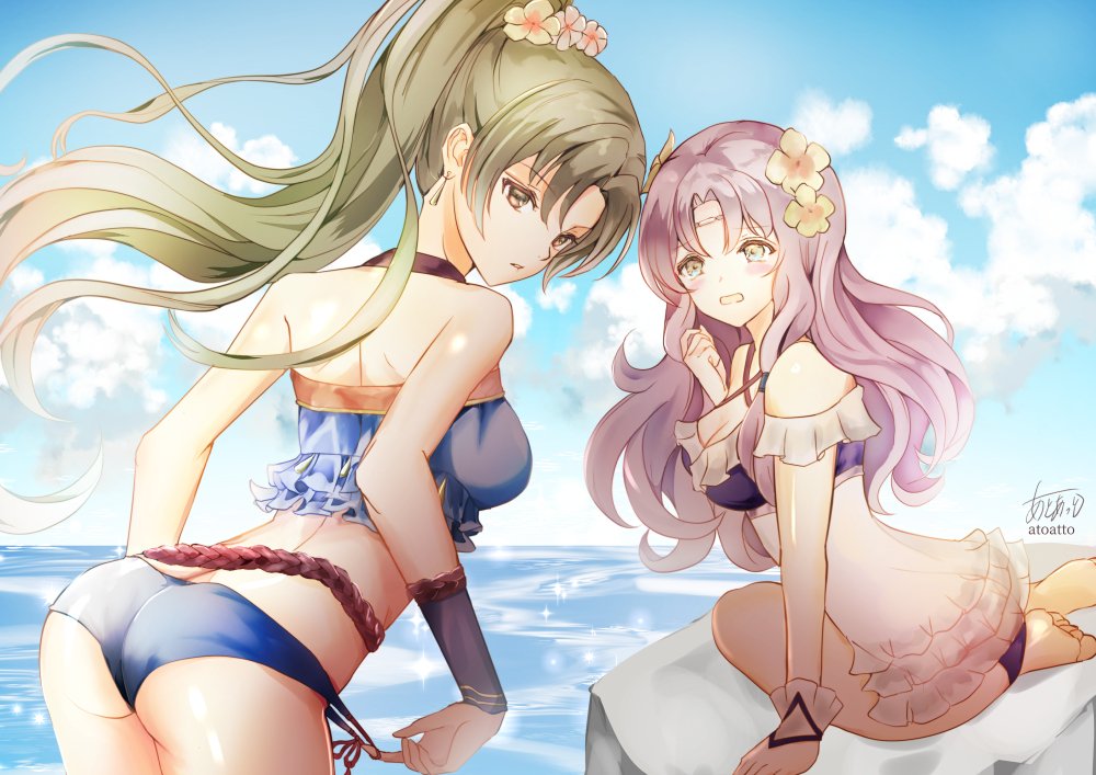 2girls, adjusting_clothes, aqua_eyes, arm_support, artist_name, ass, asymmetrical_bangs, atoatto