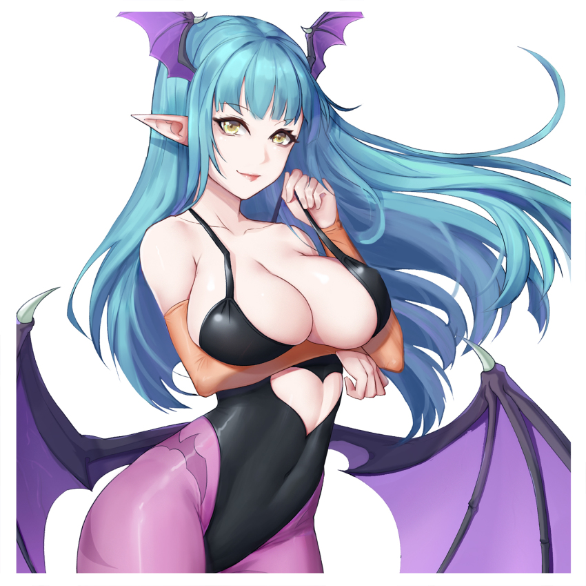 1girl, animal_print, bare_shoulders, bat_print, bat_wings, breasts, bridal_gauntlets, cleavage