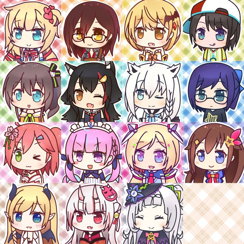 >_o, 6+girls, :3, :p, a-chan_(hololive), ahoge, akai_haato, akai_haato_(1st_costume), aki_rosenthal, aki_rosenthal_(1st_costume), anchor_symbol, animal_ear_fluff, animal_ears, annotated, backwards_hat, bat_hair_ornament, bell, black_hair, blonde_hair, blue_eyes, blue_hair, blunt_bangs, blush, braid, brooch, brown_hair, cherry_blossoms, chibi, closed_eyes, naturally_detached_hair, fang, flower, flower_brooch, fox_ears, glasses, green_eyes, hair_bun, hair_ornament, hairclip, hat, heart, highres, hololive, horns, long_hair, mask, medium_hair, minato_aqua, minato_aqua_(1st_costume), multiple_girls, murasaki_shion, murasaki_shion_(1st_costume), nakiri_ayame, nakiri_ayame_(1st_costume), natsuiro_matsuri, necktie, nontraditional_miko, one_eye_closed, one_side_up, oni_mask, ookami_mio, oozora_subaru, oozora_subaru_(1st_costume), open_mouth, pink_hair, pointy_ears, roboco-san, roboco-san_(1st_costume), sakura_miko, sakura_miko_(old_design), shirakami_fubuki, shirakami_fubuki_(1st_costume), side_ponytail, single_hair_bun, skin_fang, smile, star_(symbol), tokino_sora, tokino_sora_(1st_costume), tongue, tongue_out, tsukimiya_yuuko, twintails, upper_body, virtual_youtuber, white_hair, wings, witch_hat, wolf_ears, yellow_eyes, yozora_mel, yozora_mel_(1st_costume), yuzuki_choco, yuzuki_choco_(1st_costume)