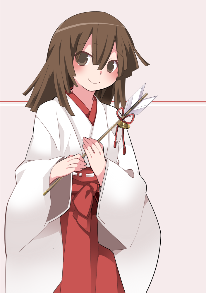 1girl, arrow_(projectile), brown_eyes, brown_hair, closed_mouth, female_focus, hair_between_eyes, hakama