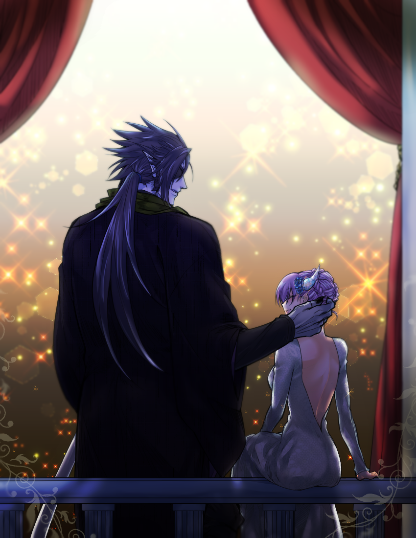 1boy, 1girl, black_hair, black_nails, braid, braided_bun, bun_with_braided_base, colored_skin