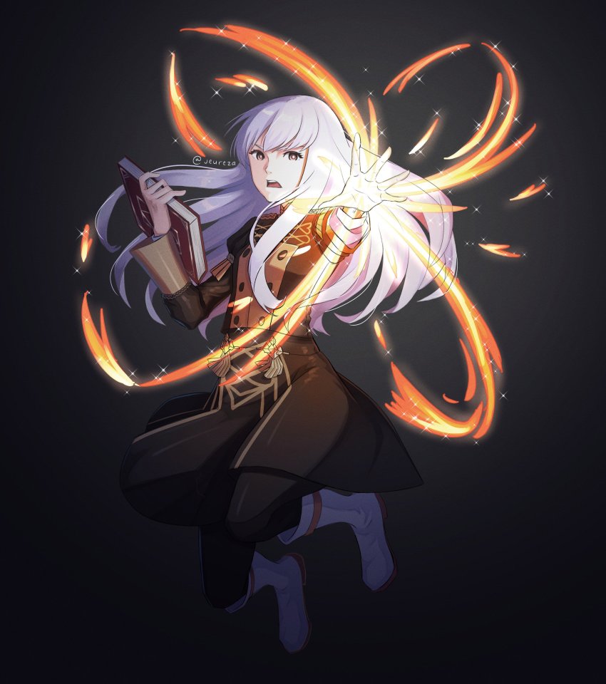 1girl, absurdres, aequorine, book, epaulettes, female_focus, fire, fire_emblem