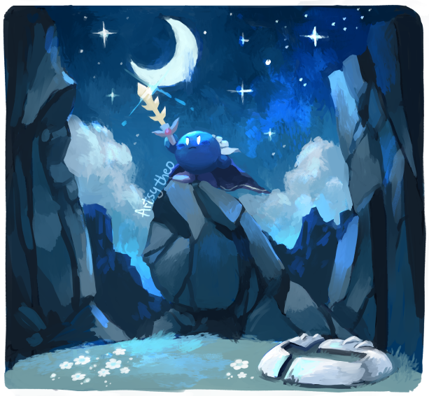 artsy-theo, boulder, broken_mask, cape, cliff, cloud, flower, frown, galaxia_(sword), grass, holding, holding_sword, holding_weapon, kirby's_star_stacker, kirby_(series), mask, meta_knight, moon, nintendo, signature, sky, star_(sky), starry_sky, sword, unworn_mask, weapon