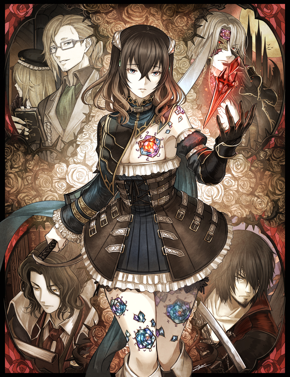 alfred_(bloodstained), black_hair, blonde_hair, bloodstained:_ritual_of_the_night, bloodstained_(series), blue_eyes, bodysuit, breasts, brown_hair, candle, coat, detached_sleeves, dominique_(bloodstained), flower, flower_tattoo, gauntlets, glasses, gradient_hair, hair_between_eyes, hair_ornament, hair_over_one_eye, hat, highres, horns, johannes_(bloodstained), large_breasts, long_hair, long_sleeves, looking_at_viewer, medium_breasts, miriam_(bloodstained), moon, multicolored_hair, multiple_boys, night, orlok_dracule, pale_skin, pantyhose, short_hair, simple_background, smile, stained_glass, sword, tattoo, tenyo0819, weapon, zangetsu_(bloodstained)