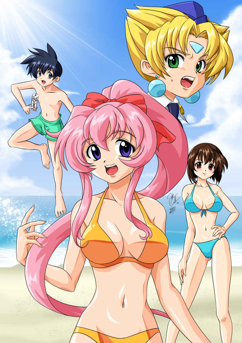 1boy, 3girls, absurdres, bare_shoulders, barefoot, bikini, blonde_hair, blue_bikini