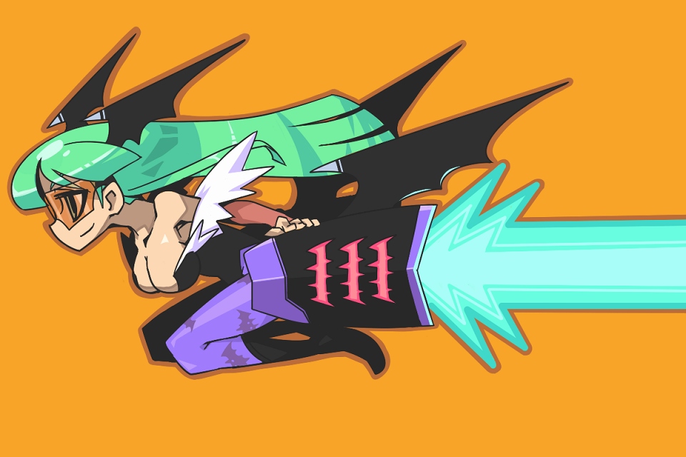 1girl, animal_print, bare_shoulders, bat_print, bat_wings, breasts, capcom, chibi