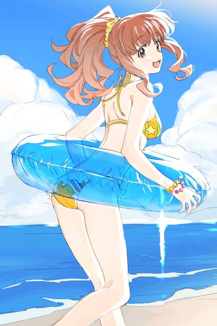 1girl, beach, bikini, blue_sky, blunt_bangs, bracelet, character_request, cloud