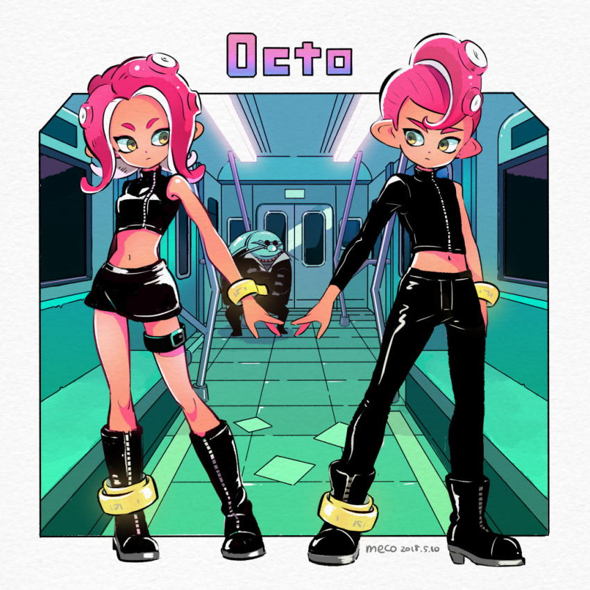 1boy, 1girl, agent_8_(splatoon), anklet, artist_name, asymmetrical_sleeves, black_footwear, black_jacket