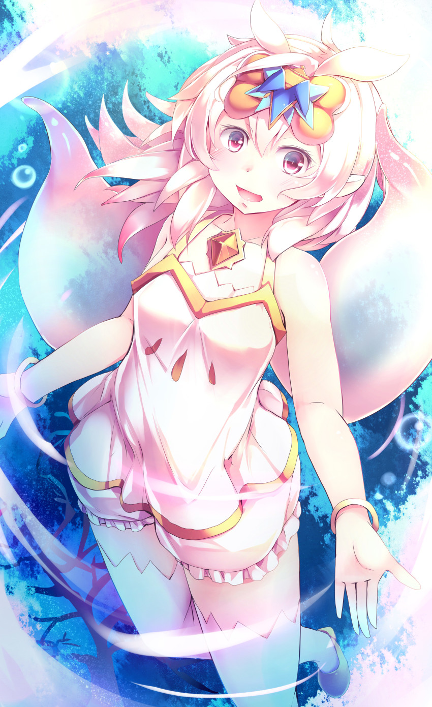 1girl, :d, absurdres, air_bubble, bare_arms, bare_shoulders, bloomers, bubble, commentary_request, coral, dress, duel_monster, female_focus, gold_trim, gradient_hair, hair_between_eyes, hair_ornament, highres, kanzakietc, long_hair, looking_at_viewer, marincess_sea_angel, multicolored_hair, open_mouth, outstretched_arms, pink_hair, pointy_ears, red_eyes, simple_background, smile, solo, spread_arms, thighhighs, underwater, underwear, white_background, white_dress, white_hair, white_thighhighs, yu-gi-oh!