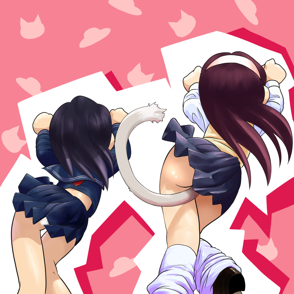 2girls, ass, black_hair, brown_eyes, caramelldansen, cat_tail, dancing, enpitsu_(pencil), multiple_girls, panties, pantyshot, pencil_(pixiv14007), rabbit_tail, socks, tail, underwear, upskirt, white_panties