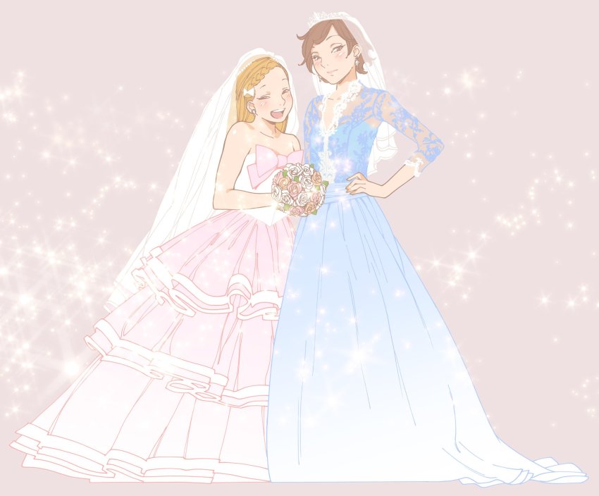 2girls, bare_shoulders, blonde_hair, blue_dress, blush, bouquet, braid, bridal_veil, brown_eyes, brown_hair, dress, earrings, closed_eyes, facing_viewer, flower, full_body, hand_on_own_hip, happy, height_difference, highres, jewelry, kamizono_chie, kishi_torajirou, long_hair, looking_at_viewer, matching_hair/eyes, multiple_girls, official_art, okayama_ai, otome_no_teikoku, pink_dress, same_sex_marriage, short_hair, smile, standing, veil, wedding_dress, wife_and_wife, yuri