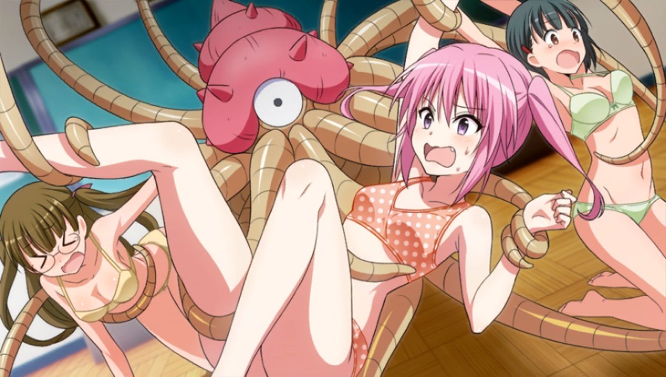 >_<, 3girls, arai_sayaka, bra, fang, flat_chest, game_cg, glass, long_hair, multiple_girls, nana_asta_deviluke, open_mouth, pants, pink_hair, purple_eyes, shirayuri_koyomi, tentacles, to_love-ru, tomboy, underwear