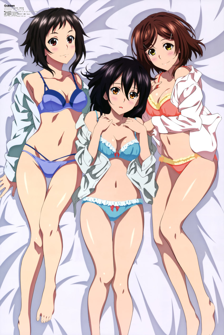 3girls, absurdres, barefoot, black_hair, blue_bra, blue_panties, blush, bow, bow_panties, bra, breasts, brown_eyes, brown_hair, cleavage, closed_mouth, clothes_down, collarbone, dress_shirt, frilled_bra, frilled_panties, frills, from_above, haba_yuiri, hair_between_eyes, highres, hikawa_shio, himeragi_yukina, looking_at_viewer, lying, medium_breasts, megami_magazine, multiple_girls, navel, on_back, open_clothes, open_mouth, open_shirt, orange_bra, orange_panties, panties, red_eyes, red_ribbon, ribbon, sano_takao, shiny_skin, shirt, short_hair, sideboob, smile, strike_the_blood, underwear, underwear_only, white_shirt, yellow_eyes