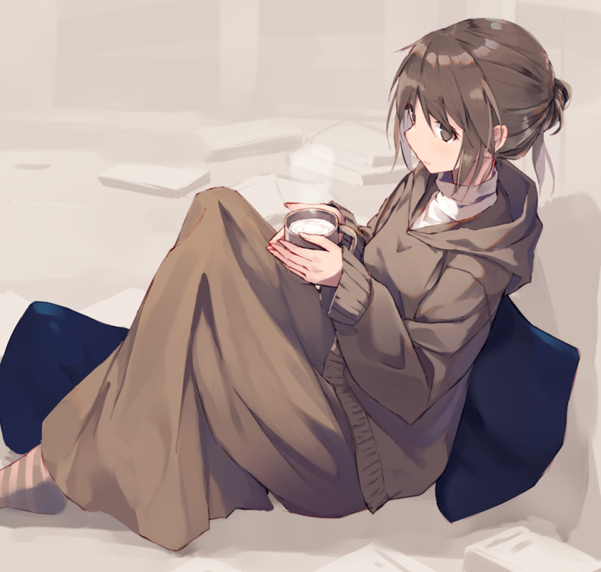1girl, brown_eyes, brown_hair, brown_skirt, brown_sweater, closed_mouth, cup, diagonal-striped_legwear