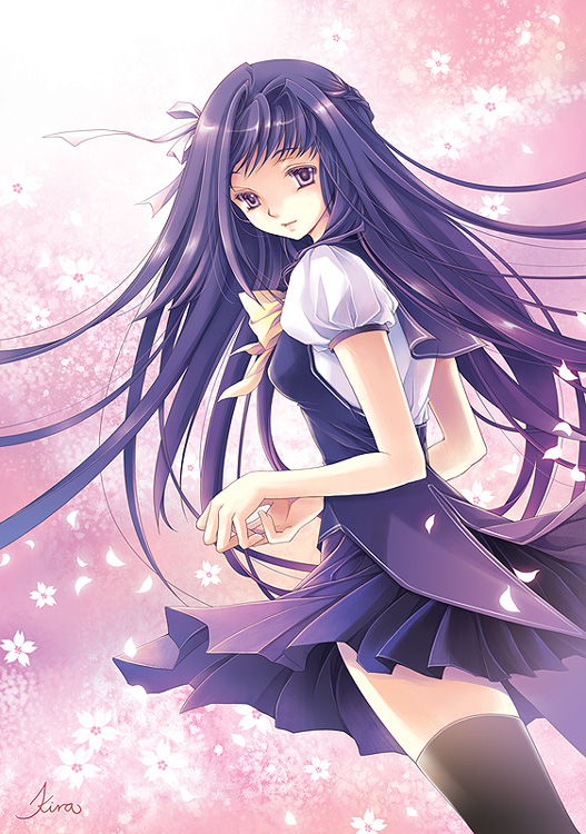 ai_x_kira, cherry_blossoms, hair_ribbon, long_hair, pink_eyes, purple_hair, ribbon, school_uniform