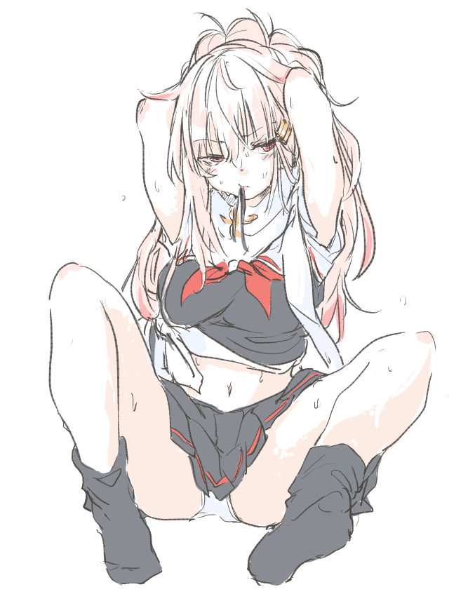 1girl, arms_behind_head, arms_up, black_serafuku, black_skirt, black_socks, blonde_hair, blush, breasts, closed_mouth, commentary, female_focus, full_body, gradient_hair, hair_between_eyes, hair_flaps, hair_ribbon, half-closed_eyes, kantai_collection, kneehighs, long_hair, looking_at_viewer, midriff, multicolored_hair, navel, neckerchief, nervous_sweating, no_shoes, panties, red_eyes, red_hair, red_neckerchief, ribbon, rureizi, sailor_collar, scarf, school_uniform, serafuku, short_sleeves, simple_background, sitting, skirt, socks, solo, spread_legs, sweat, underwear, white_background, white_panties, white_sailor_collar, white_scarf, yuudachi_(kancolle)