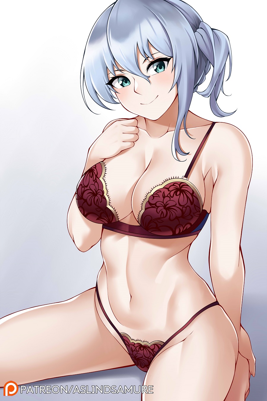 1girl, aslindsamure, atelier_(series), bare_shoulders, blue_eyes, blue_hair, blush, bra, breasts, brown_bra, brown_panties, cleavage, closed_mouth, collarbone, commentary, female_focus, gradient_background, hair_between_eyes, highres, large_breasts, looking_at_viewer, navel, nelke_to_densetsu_no_renkinjutsushi_tachi, nelke_von_lestamm, panties, short_hair, side_ponytail, smile, solo, thighs, underwear