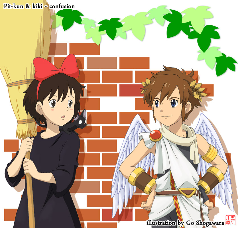 1boy, 1girl, artist_name, black_cat, black_eyes, black_hair, blue_eyes, blush_stickers, brown_hair, cat, crossover, english_text, goshogawara_elm, jiji_(majo_no_takkyuubin), kid_icarus, kiki_(majo_no_takkyuubin), looking_at_viewer, majo_no_takkyuubin, nintendo, pit_(kid_icarus), studio_ghibli, takayama_minami, voice_actor_connection