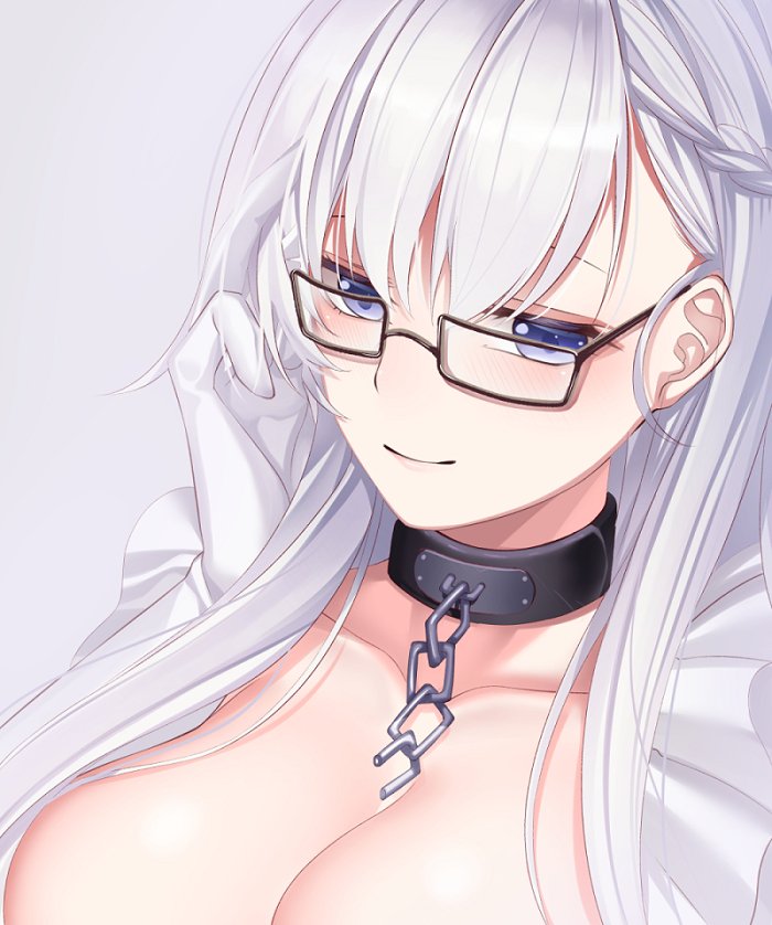 1girl, adjusting_eyewear, azur_lane, belfast_(azur_lane), black-framed_eyewear, blue_eyes, blush, braid
