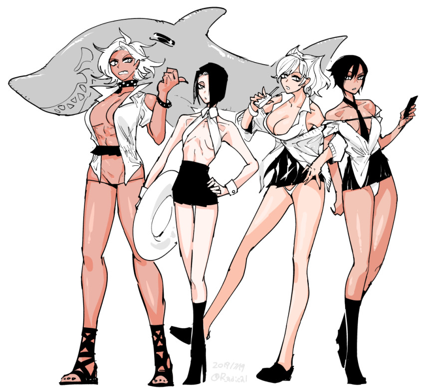 4koma, black_panties, black_socks, bracelet, breasts, cleavage, collar, comic, dark-skinned_female, dark_skin, drink_carton, gyaru, hair_between_eyes, hair_over_one_eye, hand_on_own_hip, high_heels, inflatable_shark, inflatable_toy, innertube, jewelry, juice_box, kneehighs, looking_at_viewer, mado_(mukade_tou), marta, navel, necktie, open_mouth, original, panties, parted_lips, pleated_skirt, revealing_clothes, sharp_teeth, short_hair, simple_background, skirt, socks, swim_ring, teeth, underwear, white_background, white_hair, white_panties, wrist_cuffs