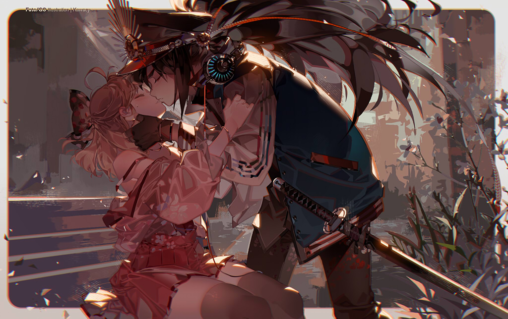 1boy, 1girl, ahoge, bare_shoulders, black_hair, bracelet, city, closed_eyes