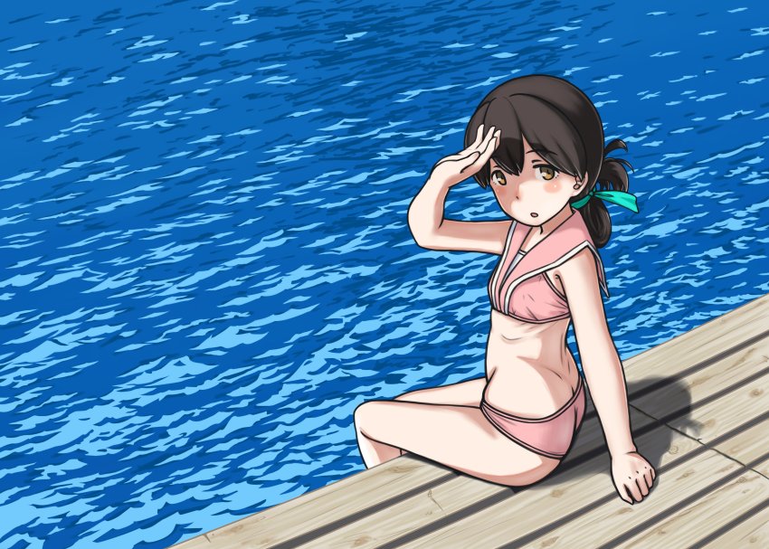 1girl, absurdres, alternate_costume, ass, bikini, black_hair, blue_ribbon, brown_eyes