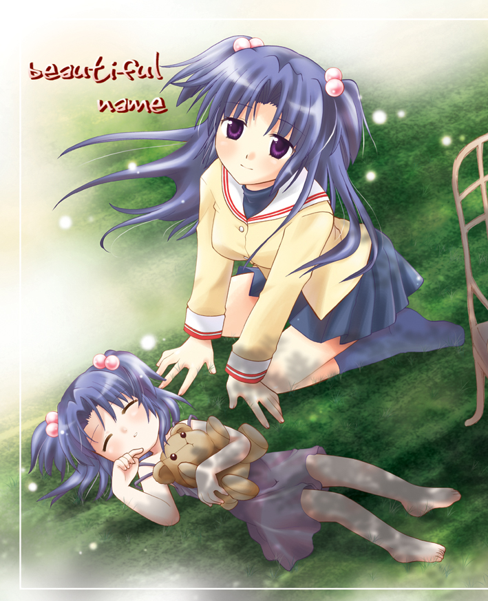 00s, 2girls, barefoot, blazer, blue_hair, child, clannad, closed_eyes