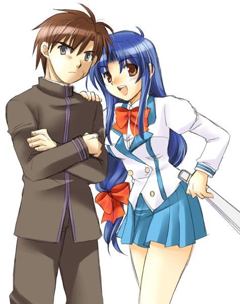 00s, 1boy, 1girl, blue_eyes, blue_hair, brown_eyes, brown_hair, chidori_kaname