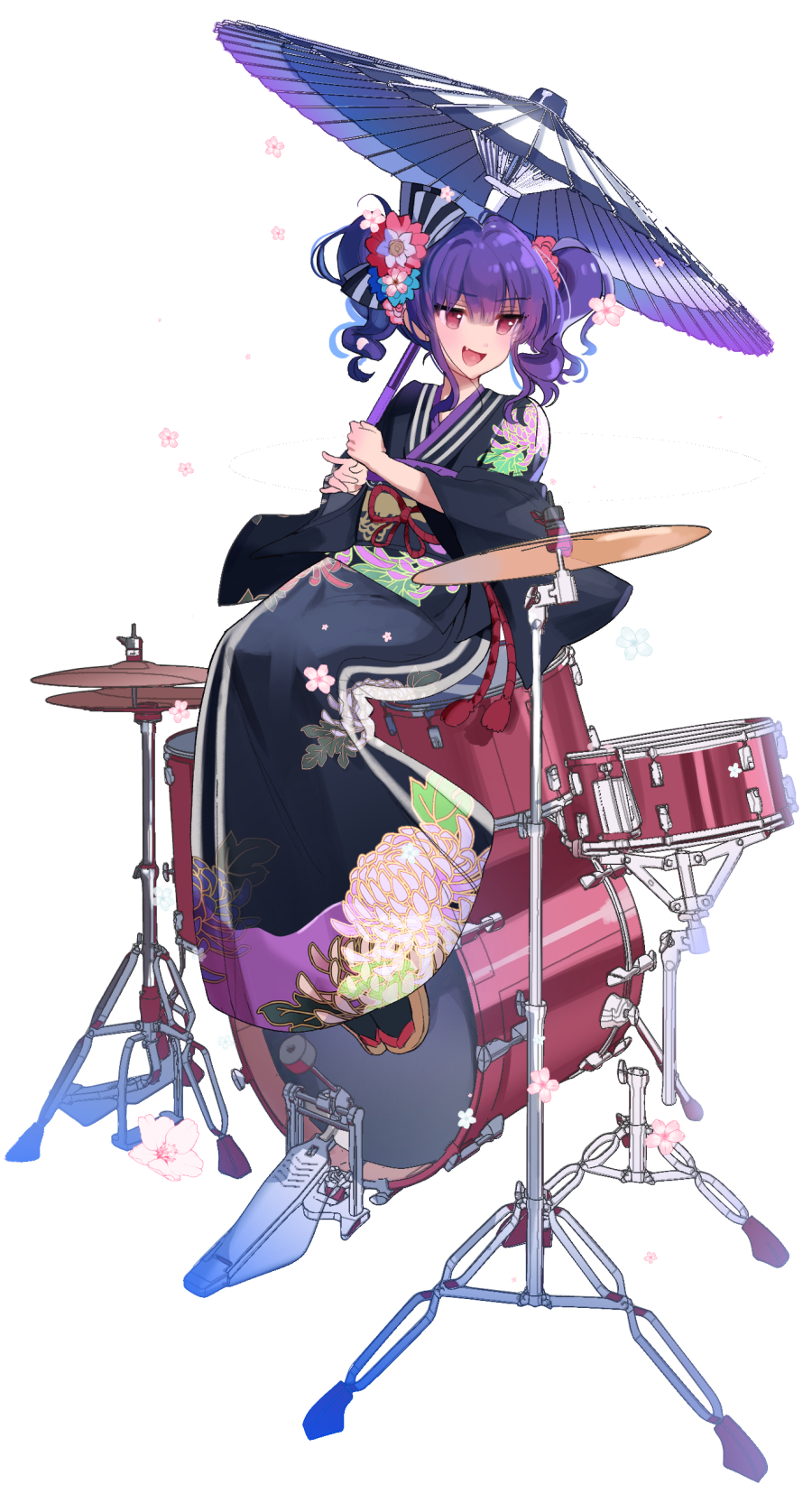 1girl, :d, bang_dream!, bang_dream!_girls_band_party!, bass_drum, black_kimono, bow, cherry_blossoms