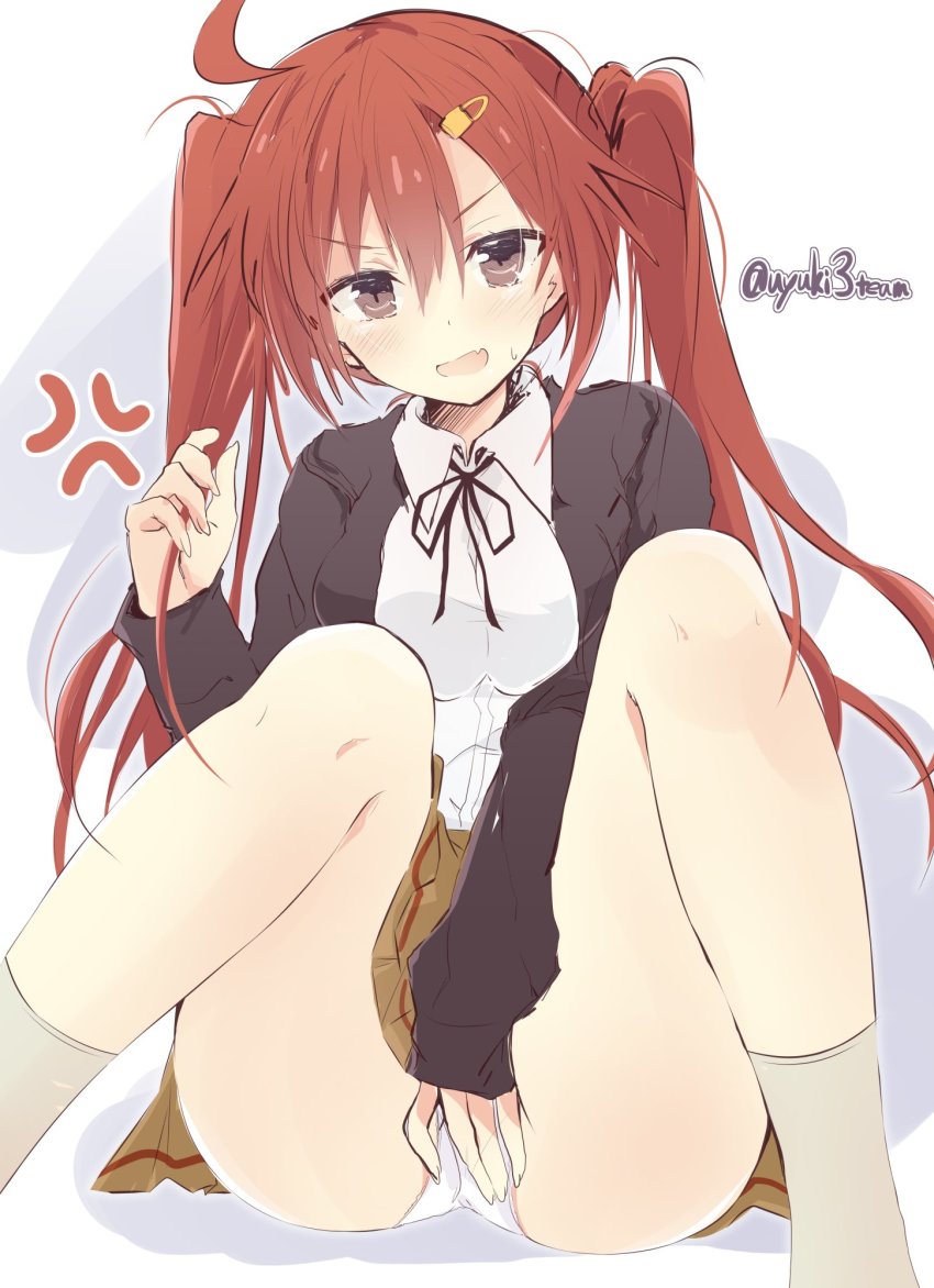 1girl, anger_vein, bad_id, bad_twitter_id, bellwall_school_uniform, black_jacket, blush, brown_eyes