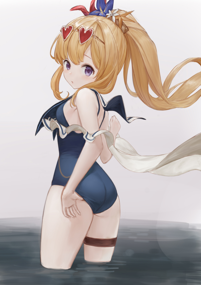 1girl, anouetto, ass, bad_id, bad_pixiv_id, bare_shoulders, blonde_hair, blue_one-piece_swimsuit