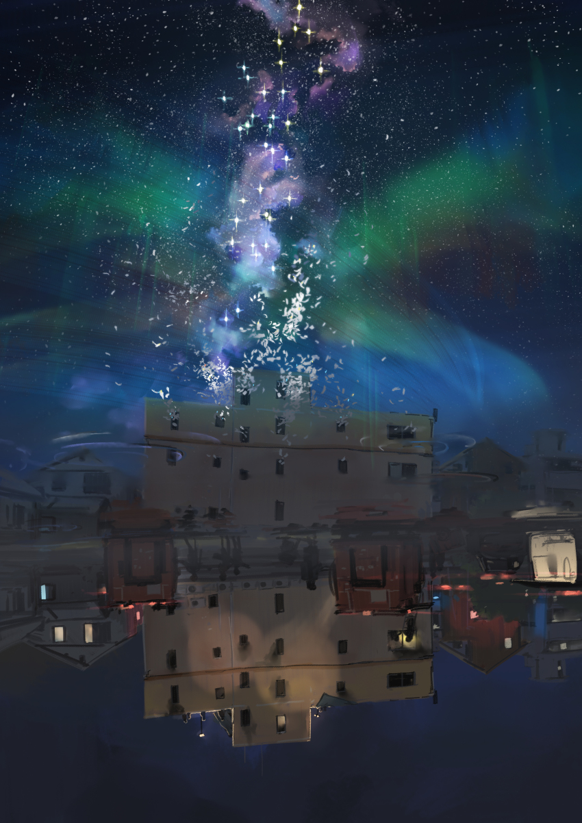 absurdres, aurora, building, fire_truck, highres, kyoto_animation, motor_vehicle, night