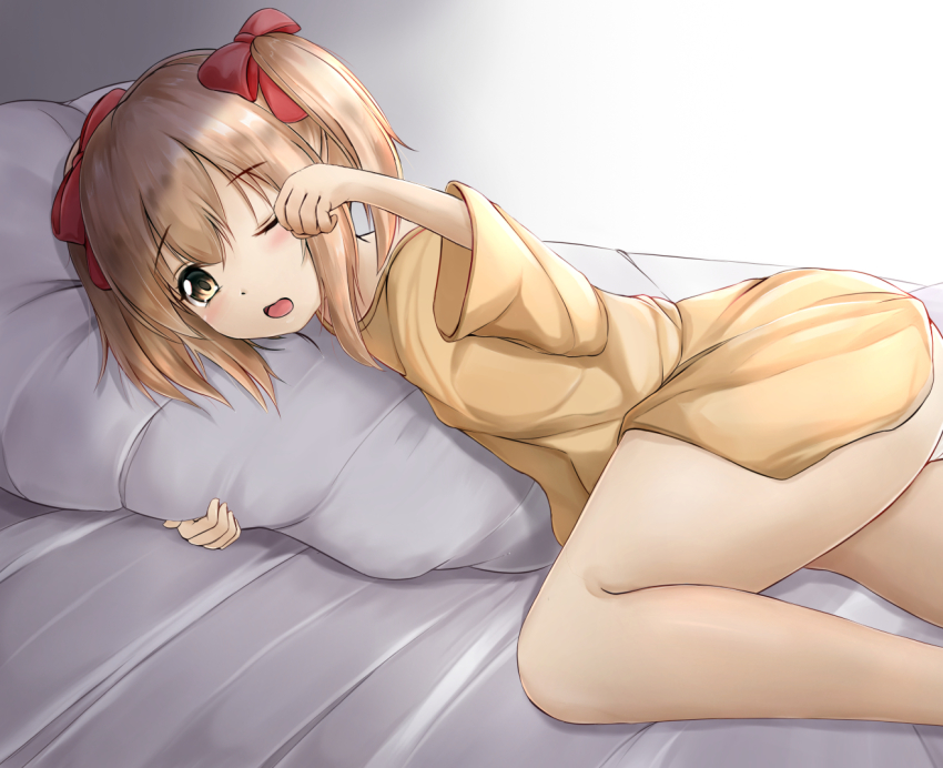 1girl, ass, bare_shoulders, bed_sheet, blonde_hair, blush, bow, brown_eyes