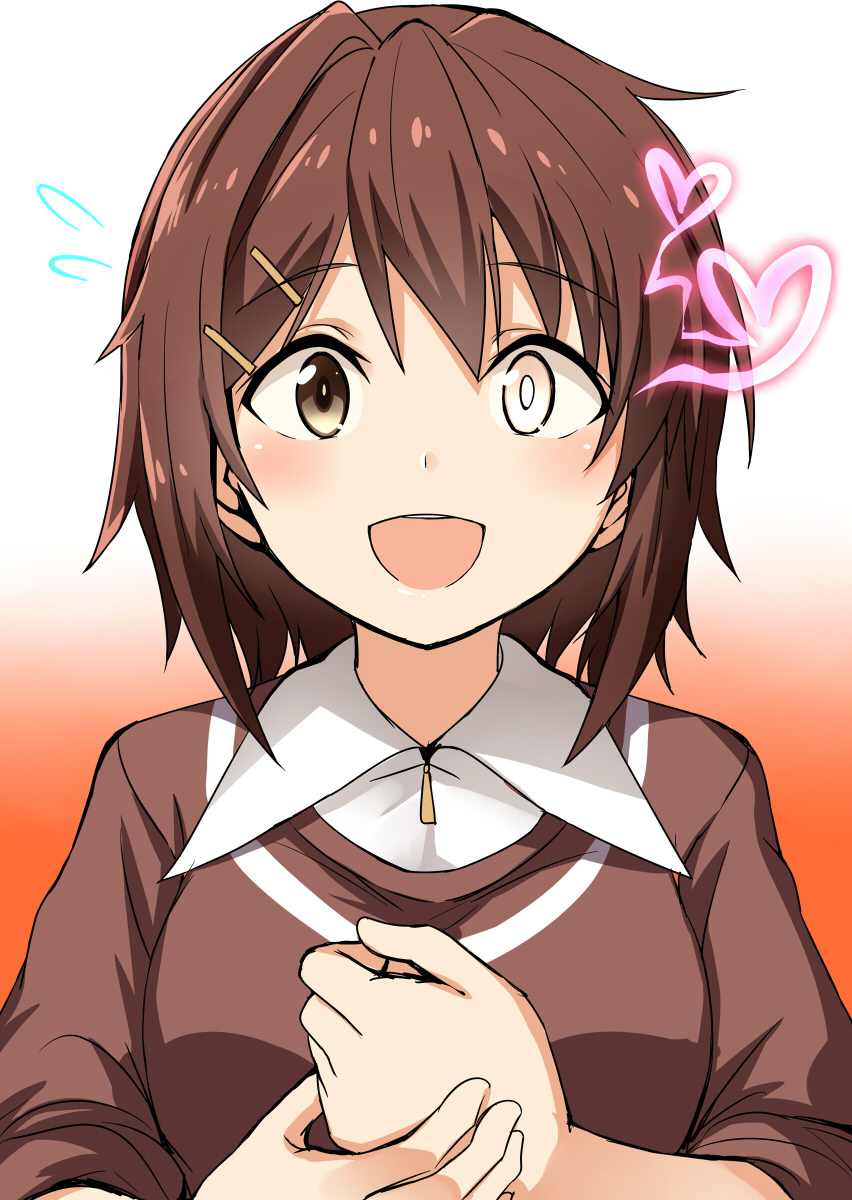 1girl, brown_eyes, brown_hair, brown_sweater, dress_shirt, female_focus, flying_sweatdrops, furutaka_(kancolle)