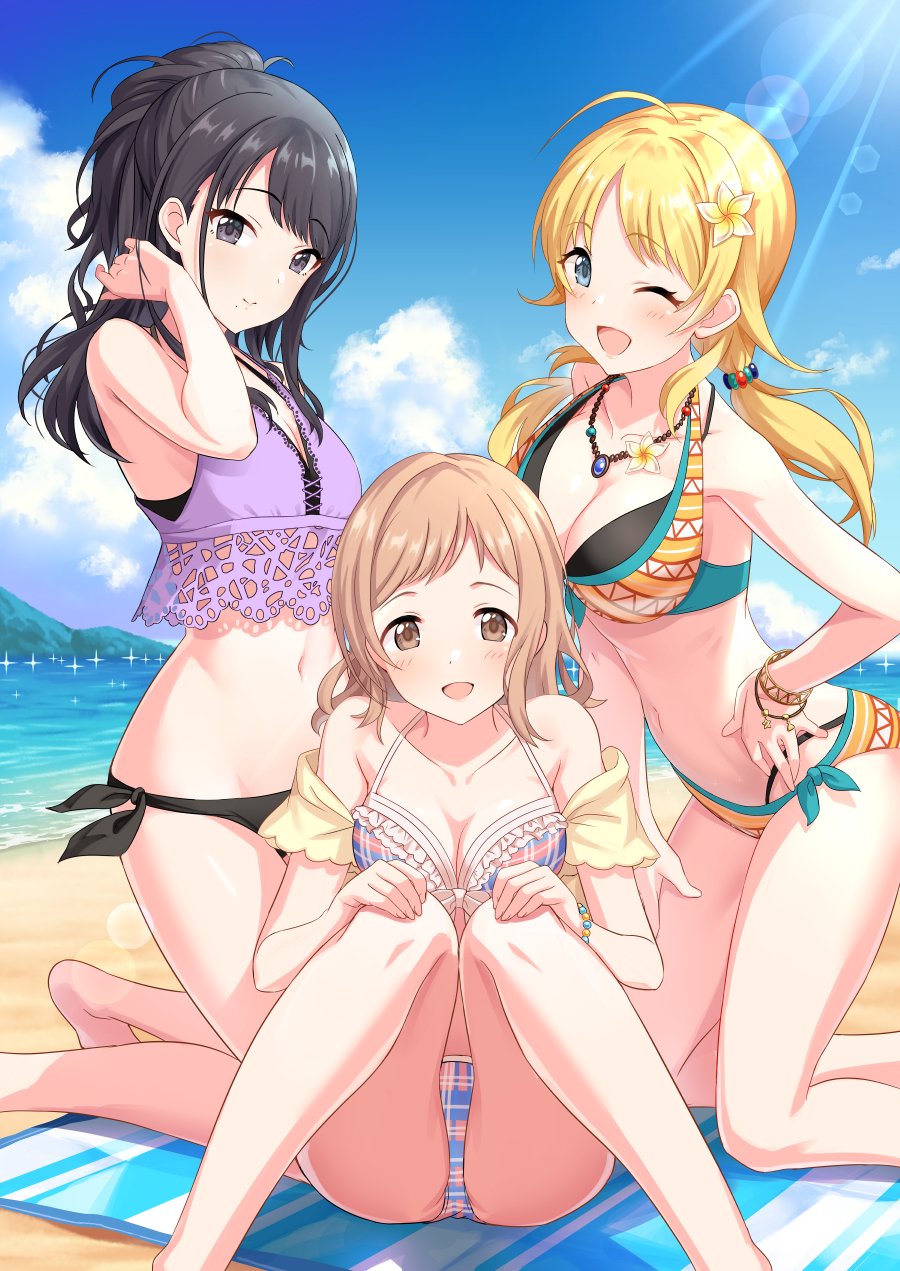 3girls, ;d, ahoge, ass, bare_legs, bare_shoulders, barefoot, beach