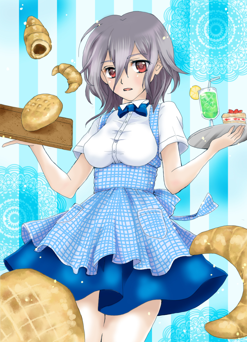 1girl, absurdres, apron, blue_background, blue_bow, blue_bowtie, blue_skirt, bow, bowtie, bread, breasts, cake, chocolate_cornet, commentary_request, cowboy_shot, croissant, female_focus, food, fruit, fujisawa_ayana_(fukushuu_kyoushitsu), fukushuu_kyoushitsu, gingham_apron, gingham_clothes, highres, kobeya, kobeya_uniform, lemon, lemon_slice, medium_breasts, melon_bread, messy_hair, open_mouth, purple_hair, red_eyes, sakurineko, skirt, solo, strawberry_shortcake, striped_background, waitress