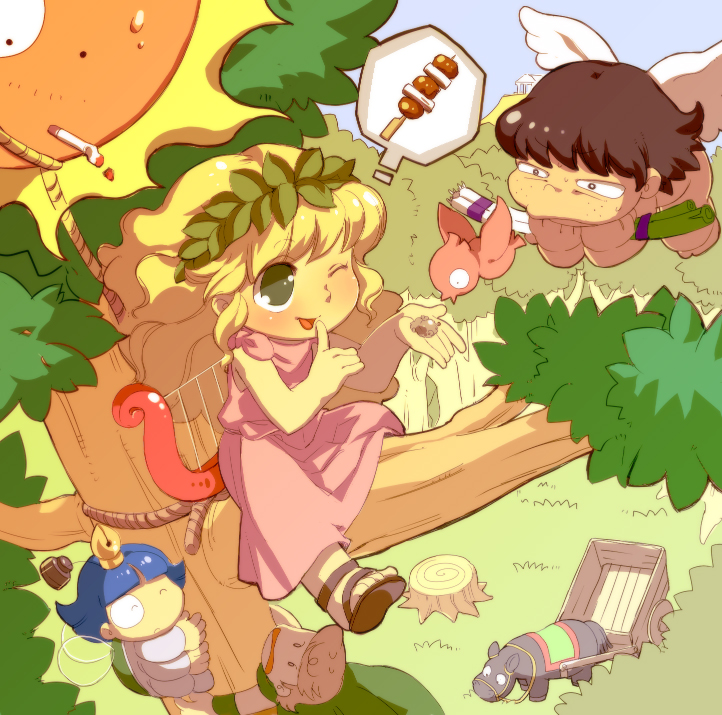 1girl, 3boys, animal, apollo_(pollon), arp, blonde_hair, blush, child