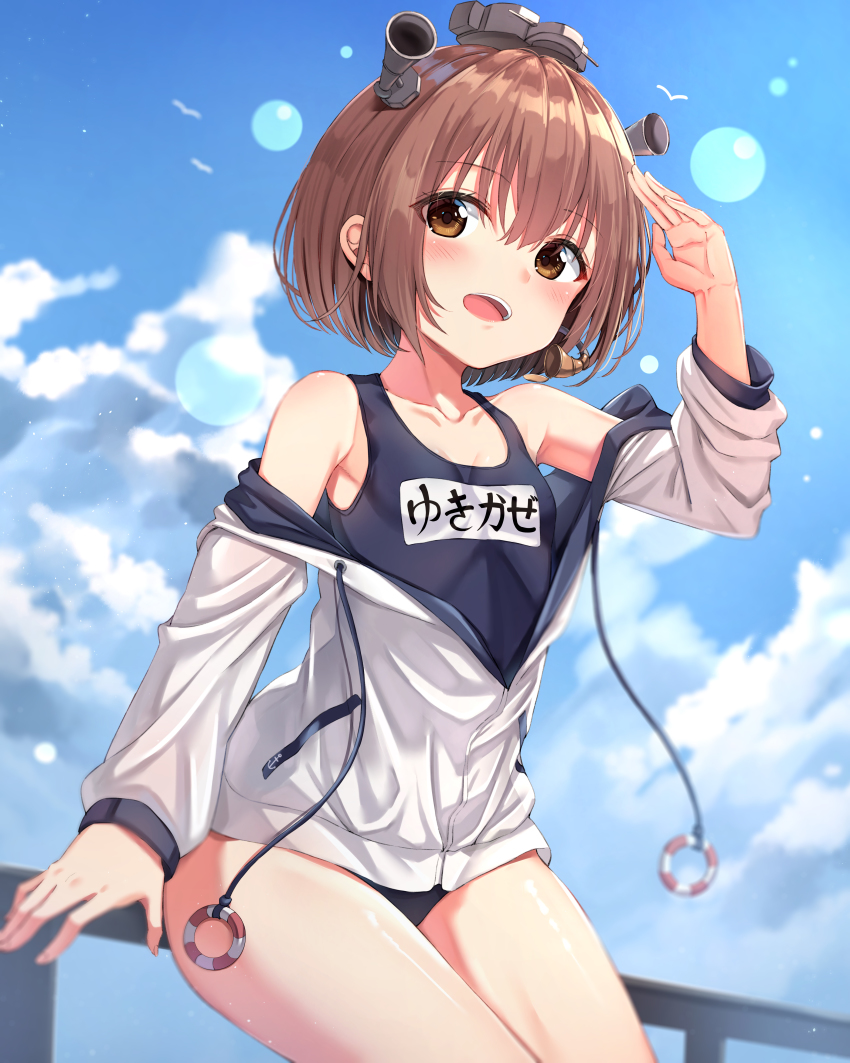 1girl, absurdres, arm_up, blue_one-piece_swimsuit, blue_sky, breasts, brown_eyes, brown_hair