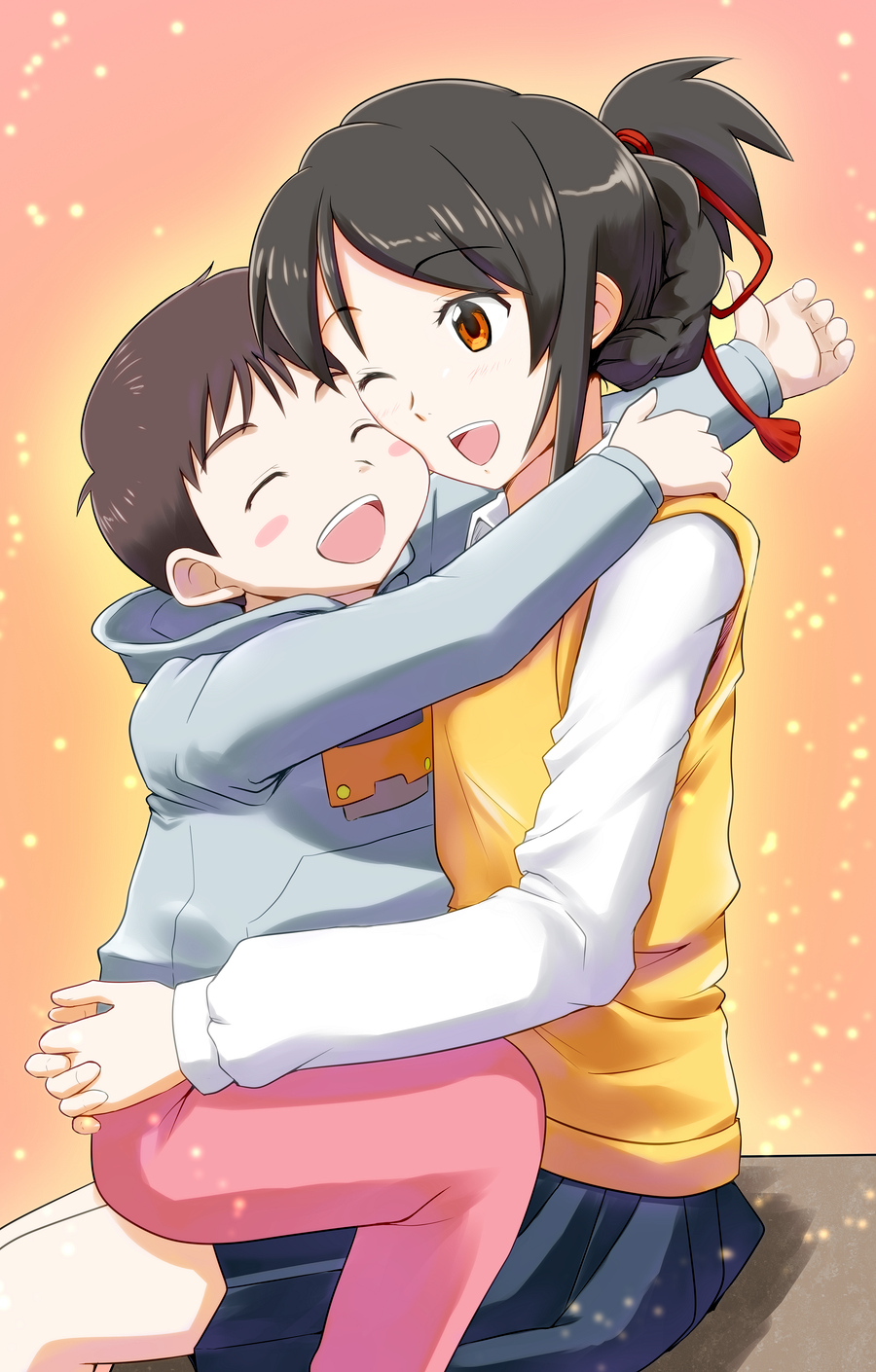 1boy, 1girl, ^_^, black_hair, blush_stickers, brown_eyes, brown_hair, cheek-to-cheek