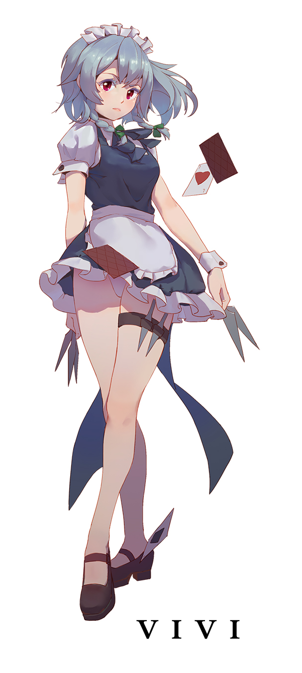 1girl, ace_(playing_card), ace_of_hearts, apron, arm_behind_back, artist_name, bare_shoulders, between_fingers