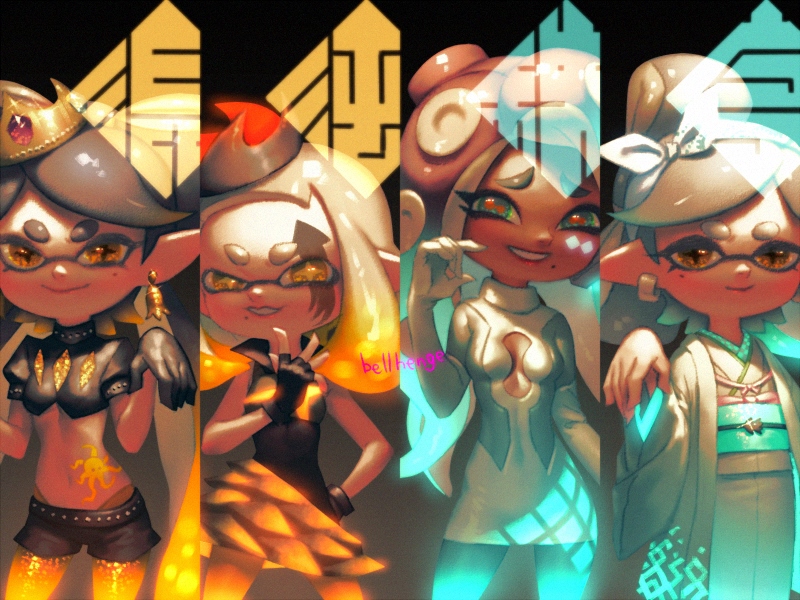 4girls, bellhenge, black_gloves, breasts, callie_(octo_idol_outfit)_(splatoon), callie_(splatoon), cephalopod_eyes, cleavage, column_lineup, crop_top, crown, dark-skinned_female, dark_background, dark_skin, dress, earrings, facial_tattoo, fingerless_gloves, gloves, glowing, glowing_hair, inkling, jewelry, looking_at_viewer, marie_(kimono)_(splatoon), marie_(splatoon), marina_(splatoon), marina_(team_order)_(splatoon), mole, mole_under_eye, mole_under_mouth, multicolored_hair, multiple_girls, navel, nintendo, octoling, pearl_(splatoon), pearl_(team_chaos)_(splatoon), pointy_ears, short_shorts, shorts, smile, splatoon_(series), splatoon_2, stomach, stomach_tattoo, symbol-shaped_pupils, tattoo, tentacle_hair, two-tone_hair, upper_body